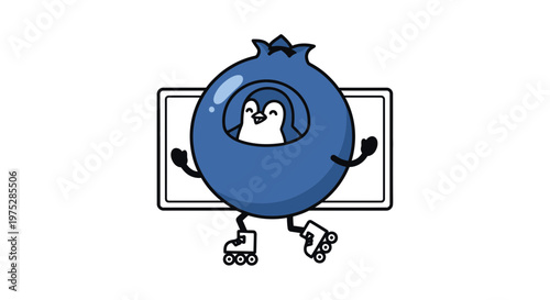 Cute cartoon penguin inside a blueberry on roller skates, dancing and having fun
