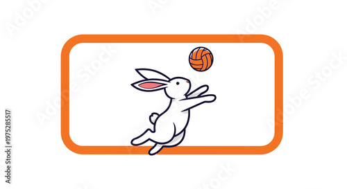 Cute cartoon rabbit playing volleyball, jumping to hit the ball, fun sports concept