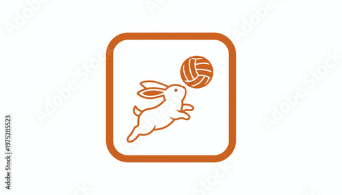 Cute cartoon rabbit playing volleyball, jumping to hit ball, playful mascot, sports icon