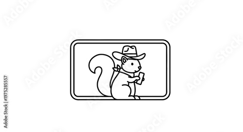 Cute cartoon squirrel wearing a cowboy hat holding a smartphone, black and white line art illustration.