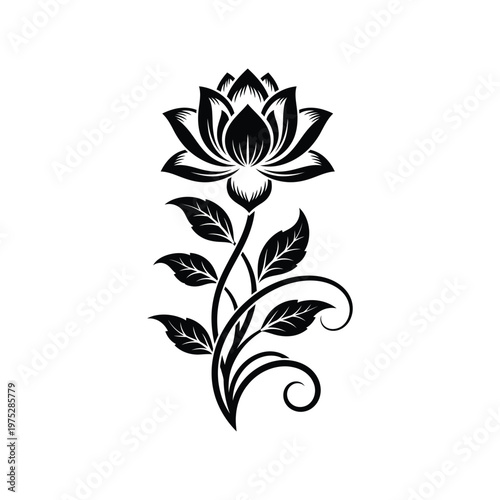 Elegant Black and White Lotus Flower Illustration with Swirling Leaves and Vines on a White Background
