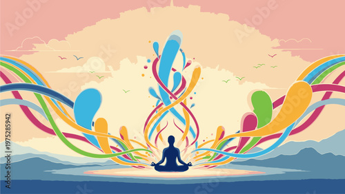 Silhouette of a person meditating in lotus position with colorful swirling lines and mountain range in the background at sunset.