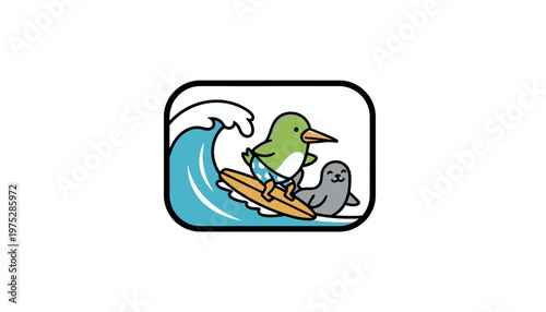 Cute cartoon green bird surfing a wave with a seal friend