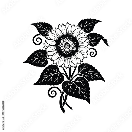 Stylized black and white sunflower graphic featuring intricate petals and decorative foliage, ideal for vintage-themed projects and unique artistic compositions