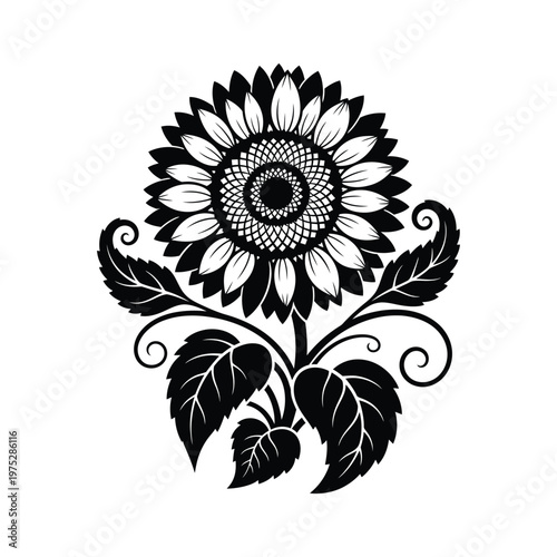 Intricate Black and White Sunflower Illustration with Curled Leaves and Decorative Swirls