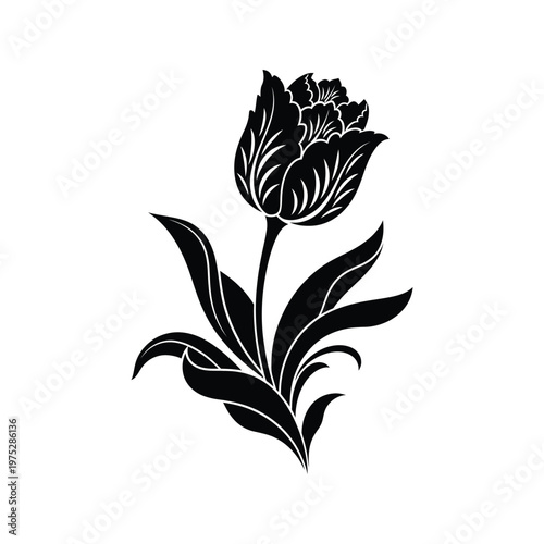 Elegant black and white stylized tulip flower illustration. Botanical graphic with decorative leaves and a graceful stem, ideal for design elements, floral patterns, and spring themes