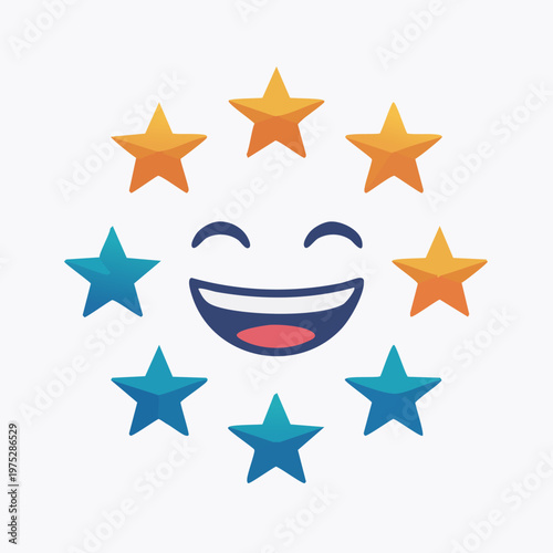 Smiling face surrounded by stars representing happiness and joy.