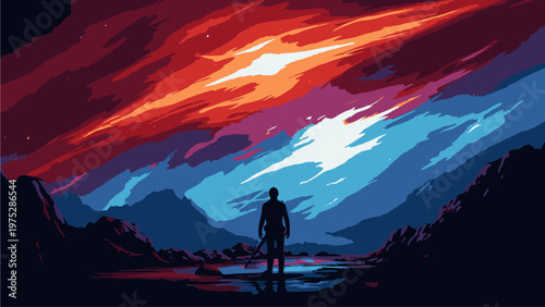 A lone figure stands on a road towards mountains under a vibrant, colorful sunset with a dynamic sky.