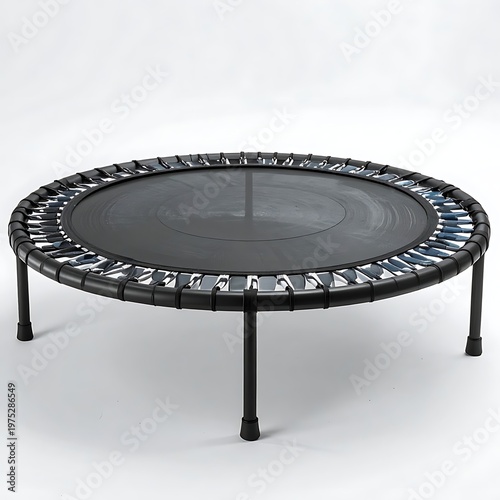 A round, black exercise trampoline on a white background. It has a bouncing surface and surrounding supports and legs