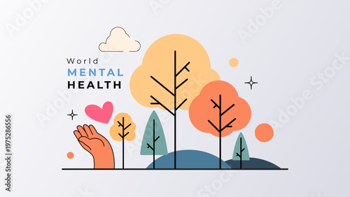 Support World Mental Health Awareness with this serene visual. Featuring a hand cradling a heart among peaceful trees, it symbolizes emotional nurturing, psychological growth, and holistic care