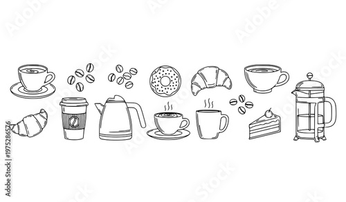 Minimal coffee line art icons chalk texture cafe elements banner black and white vector illustration isolated on white
