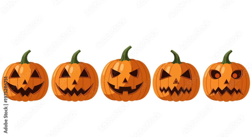 Fototapeta premium Five Halloween Jack-o'-lanterns with Different Scary Faces on White Background