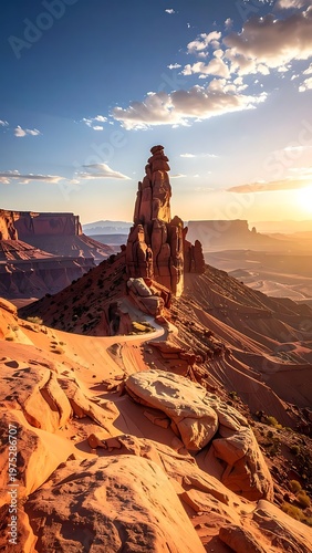 A scenic landscape showcases a towering rock formation as a road winds through a desert scene. The sun is setting