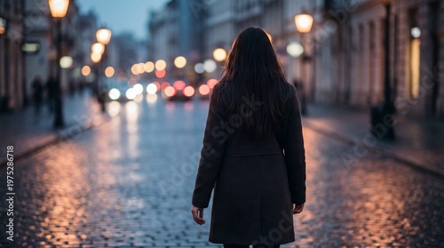 Woman walking alone on empty city street at night concept. Woman standing alone in a quiet street during twilight hours.
