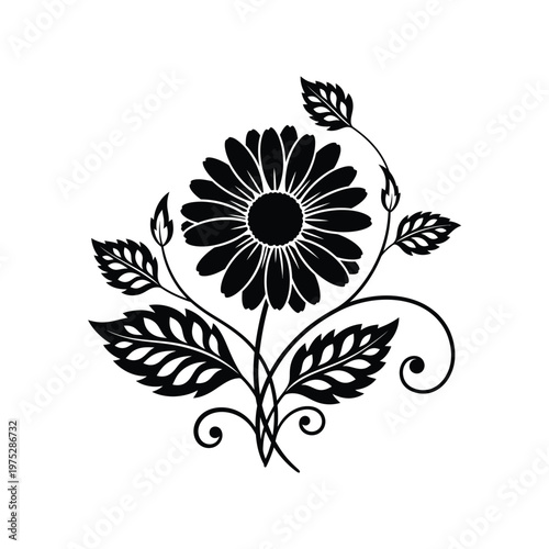 Elegant black and white illustration of a daisy with decorative leaves and swirling vines, perfect for artistic and nature-themed designs