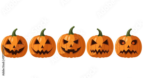 Five Halloween Jack-o'-lanterns with Different Scary Faces on White Background