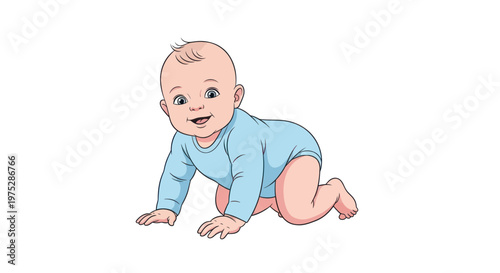 Happy baby crawling on floor, wearing blue bodysuit, isolated on white.