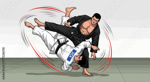 Judo Fighter Performing Throwing Technique in Combat Sport