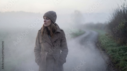 Woman walking alone on empty city street at night concept. Woman walking through foggy landscape in a warm winter coat.