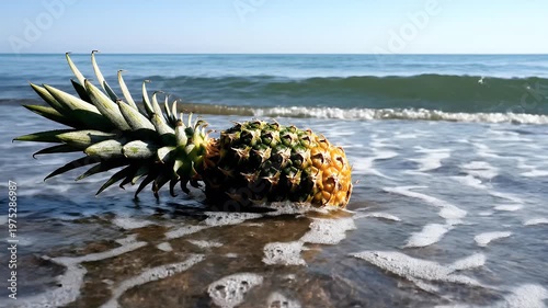 Pineapple on sandy beach with waves rolling in at the shore.