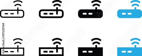Set of wireless router icons in various styles, including outline, solid, and colored versions