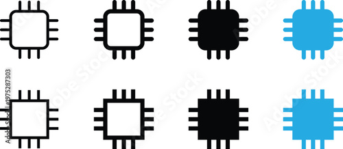 Set of computer processor icons, cpu chip symbols, electronic component vector illustrations