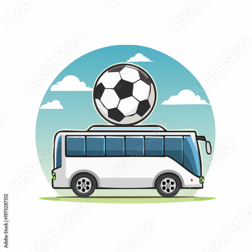 Soccer Ball on Top of a White Bus Illustration.