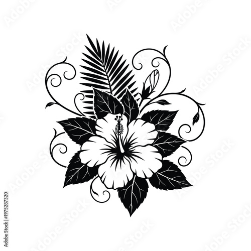 Elegant black and white hibiscus flower illustration featuring intricate swirling vines, tropical leaves, and a delicate bud, perfect for decorative designs and botanical themes