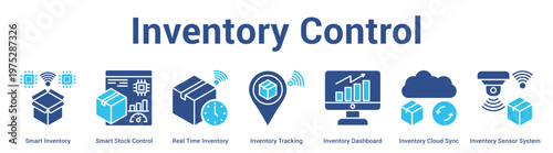 Inventory Control web banner icon set vector illustration concept for business with icon of Smart Inventory, Smart Stock Control, Real Time Inventory, Inventory Tracking, Inventory Dashboard, Invent.