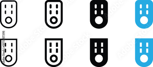 Set of remote control icons in various styles, including outline, bold outline, solid, and flat blue design, representing media control devices