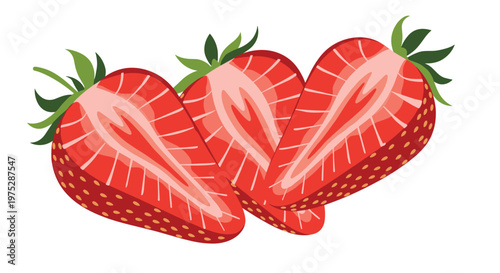 Three juicy red strawberries cut in half to show the inside texture and arranged on a clean white background.
