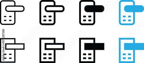 Set of smart door lock icons with keypad and handle, digital security system for modern home access