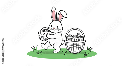 An Easter bunny coloring page showing a cute rabbit holding a decorated egg next to a basket in a partially colored spring scene.