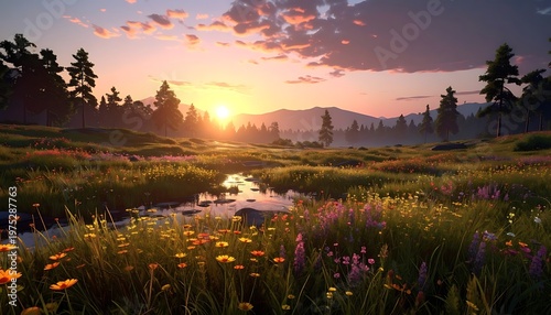 A scenic meadow bathed in the golden light of sunset, with wildflowers, a winding stream, and distant mountains