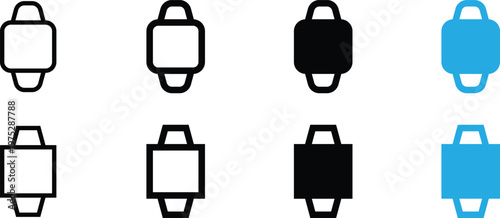 Set of smart watch icons in different styles, including outline, bold, solid, and blue vector illustrations