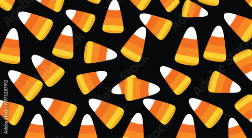 A festive seamless pattern of classic candy corn pieces scattered randomly on a solid black background perfect for halloween.