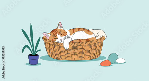 A cozy illustration of a ginger and white cat sleeping peacefully in a wicker basket next to a potted plant and some stones.