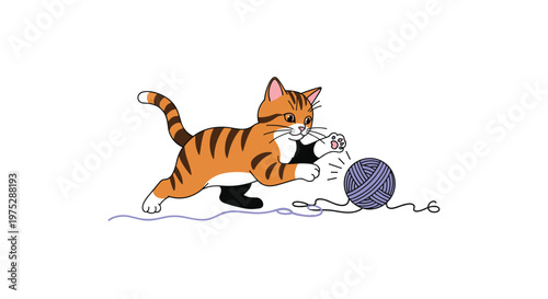 A playful and energetic ginger tabby kitten pouncing on a rolling ball of purple yarn unravelling it on a white background.