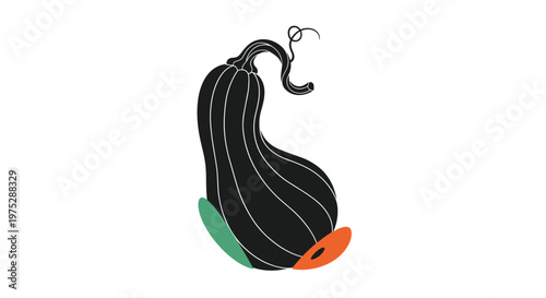 Modern and artistic black silhouette of a butternut squash with abstract colorful shapes on a white background.