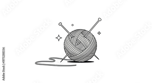 Charming black and white line art illustration of a ball of yarn with knitting needles and sparkles on white.