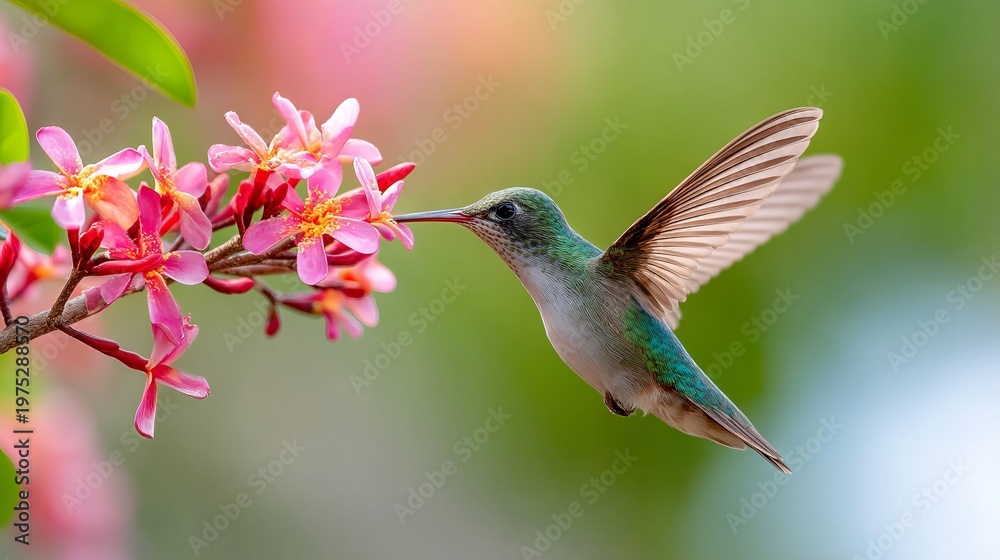 Fototapeta premium Hummingbird Hovering Beside Pink Flower While Drinking Sweet Nectar