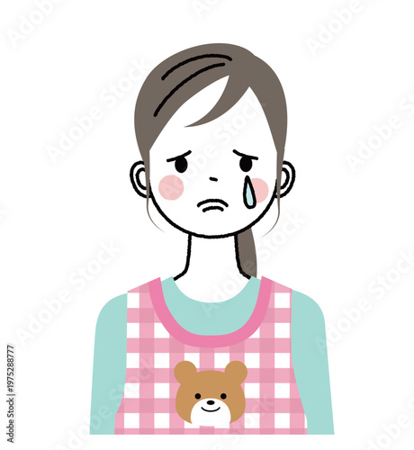 エプロンをつけた保育士のイラスト　辛そうに泣いている
