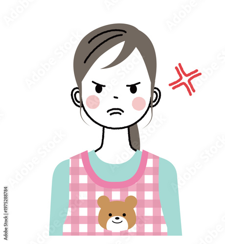 エプロンをつけた保育士のイラスト　怖い顔で怒っている