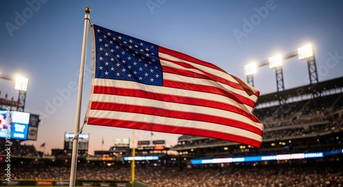 American Flag Waving Proudly Over Sports Stadium at Dusk.