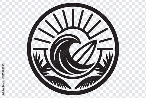 Stylized surf emblem design featuring a breaking wave surfboard palm leaves and sun rays isolated on transparent background