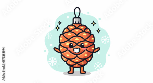 Cute Pine Cone Ornament Character with Friendly Face.