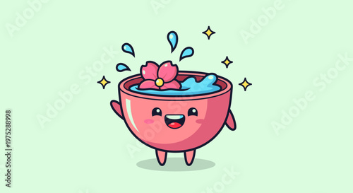 Cute pink cup character splashing water.