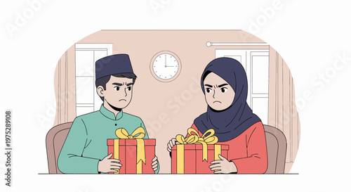 two people exchanging gifts in a celebration scene.