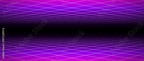 Purple glow neon wireframe background. Deep shining checkered grid floor plane in perspective. Bright retro futuristic horizon wallpaper. Arcade game sci fi matrix landscape surface. Vector backdrop