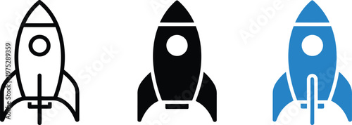 Rocket ship icon in flat design with blue color on white background for technology and startup.